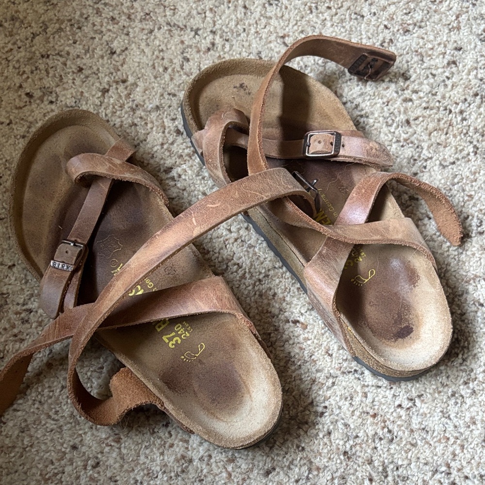 Brown Leather Birkenstock Ankle Strap Sandals